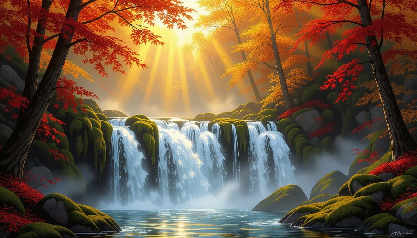 Majestic Autumn Waterfall in Ethereal Golden Light