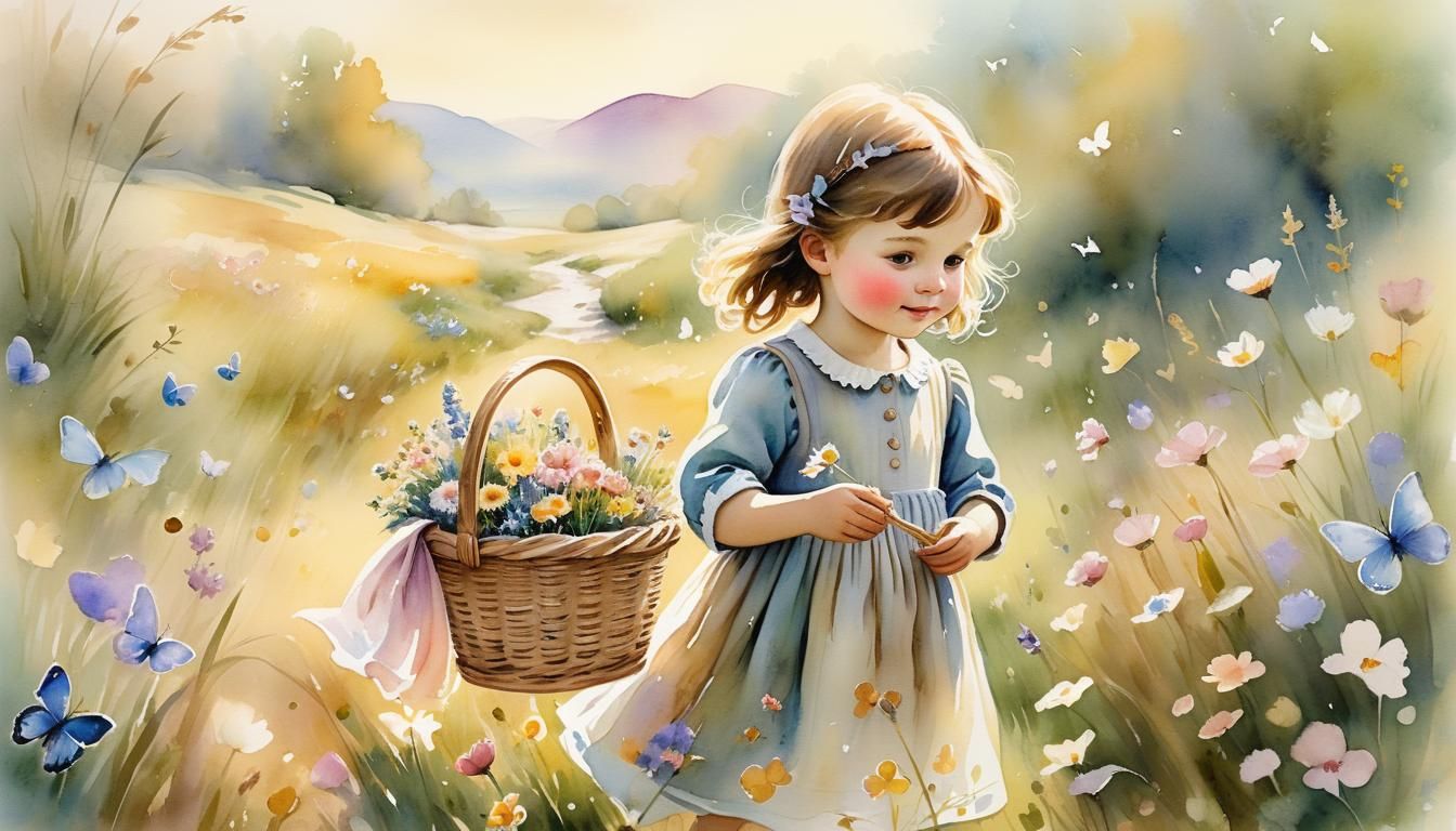Toddler in Sunny Meadow: Whimsical Watercolour