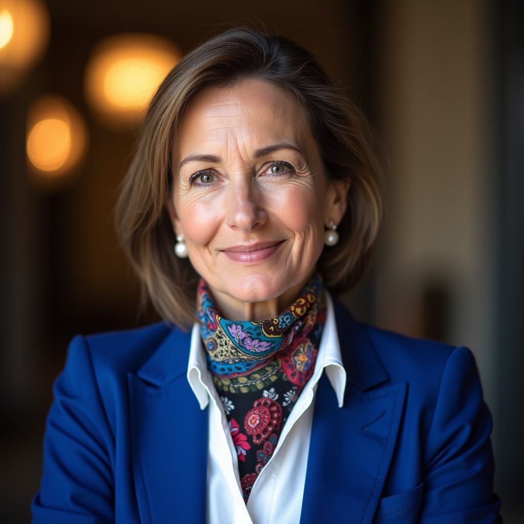 Elegant Businesswoman in Crisp White and Sapphire Blue