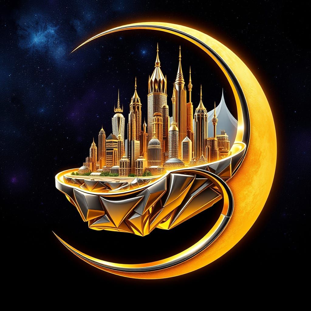 Futuristic Crescent Moon City in Chrome and Gold