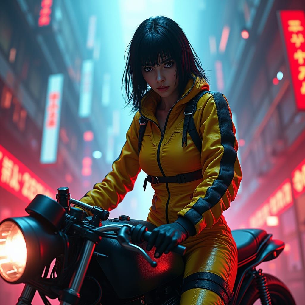 Warrior Girl on Motorcycle in Dystopian Neon Cityscape