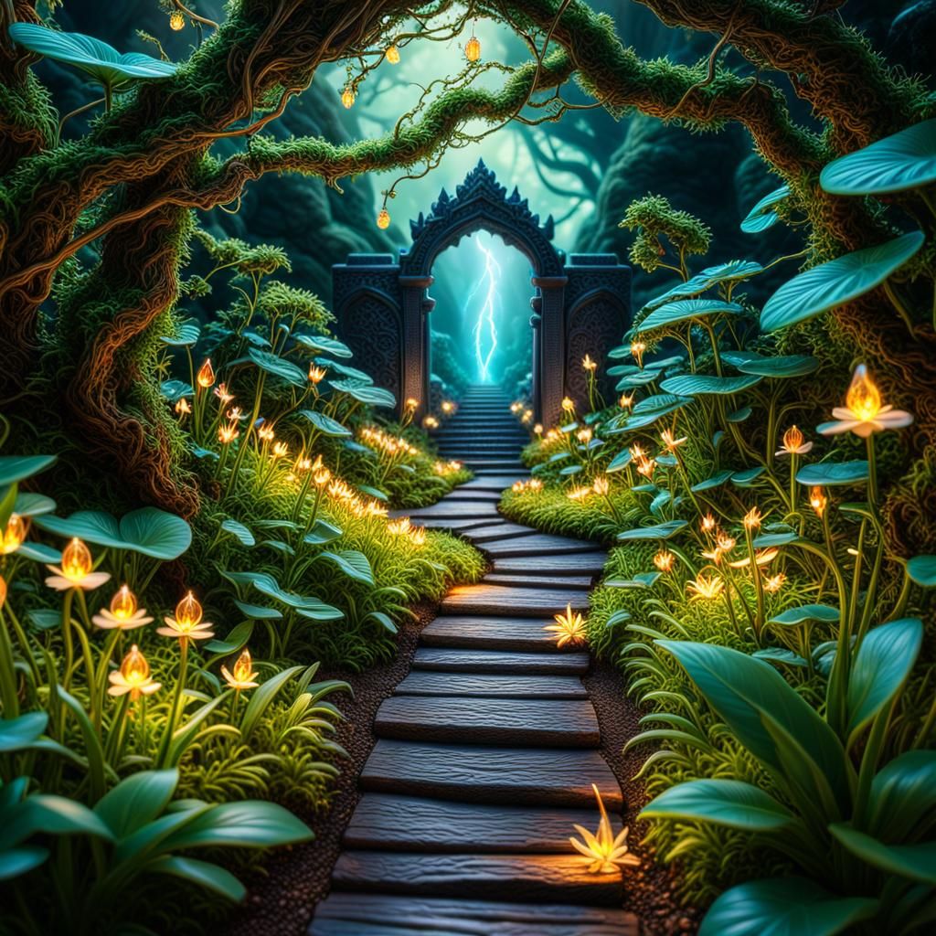 Miniature Void Realm Pathway with Fireflies
