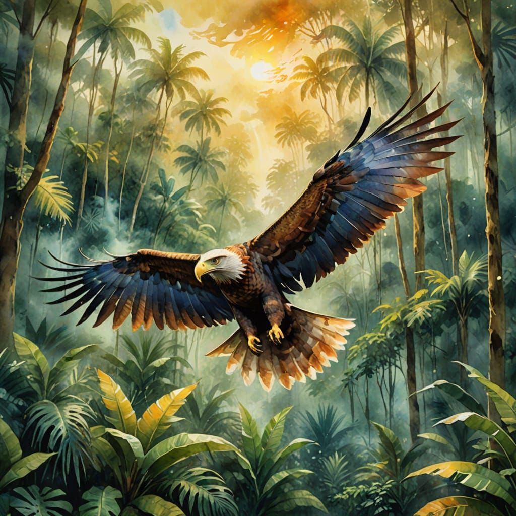 Ethereal Watercolor Fantasy of a Majestic Eagle in a Tropica...