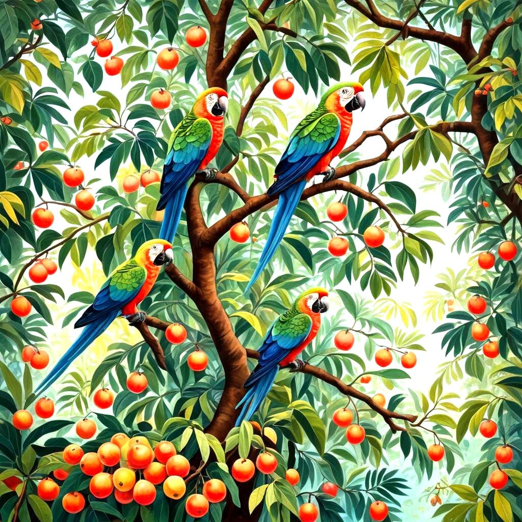 Parrots Feast on Guava Tree: Gouache Painting