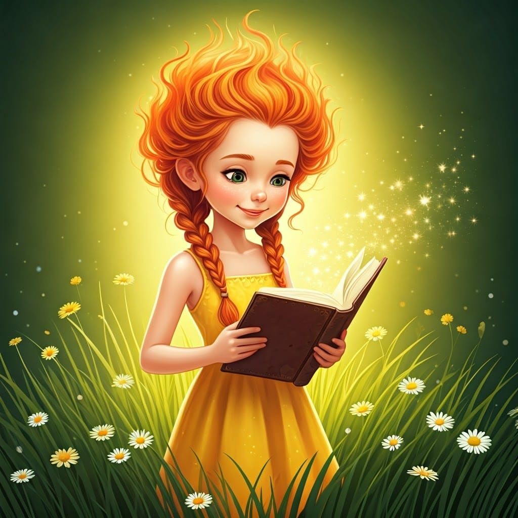Girl Reading Book in Meadow with Escaping Stars