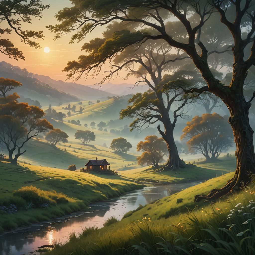 Ethereal Countryside Morning: Mist and Sunlight