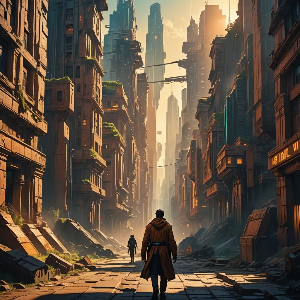 Time Traveler in Metropolis Inspired by Syd Mead