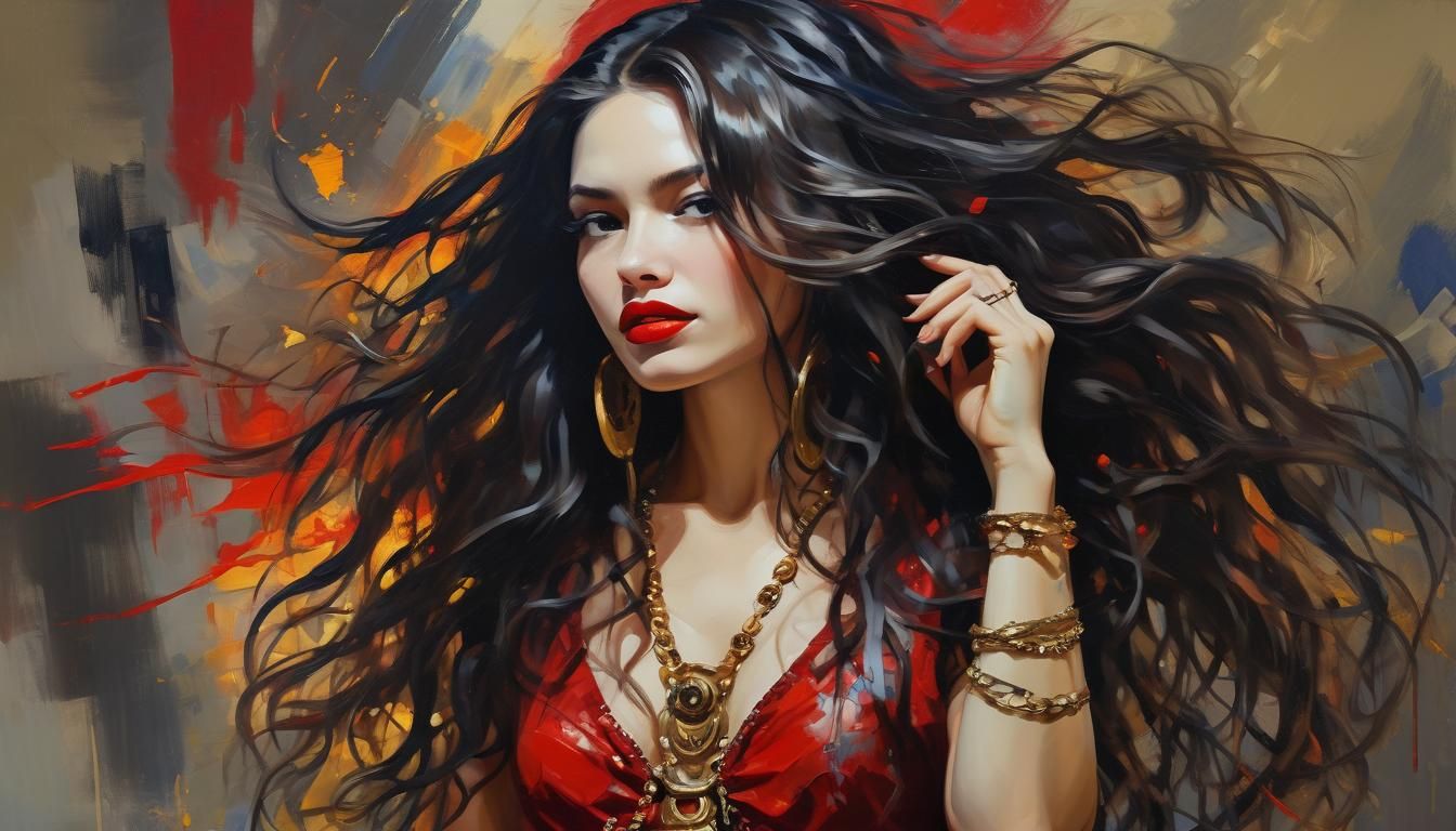 Confident Woman with Red Lipstick in Expressionist Oil Paint...