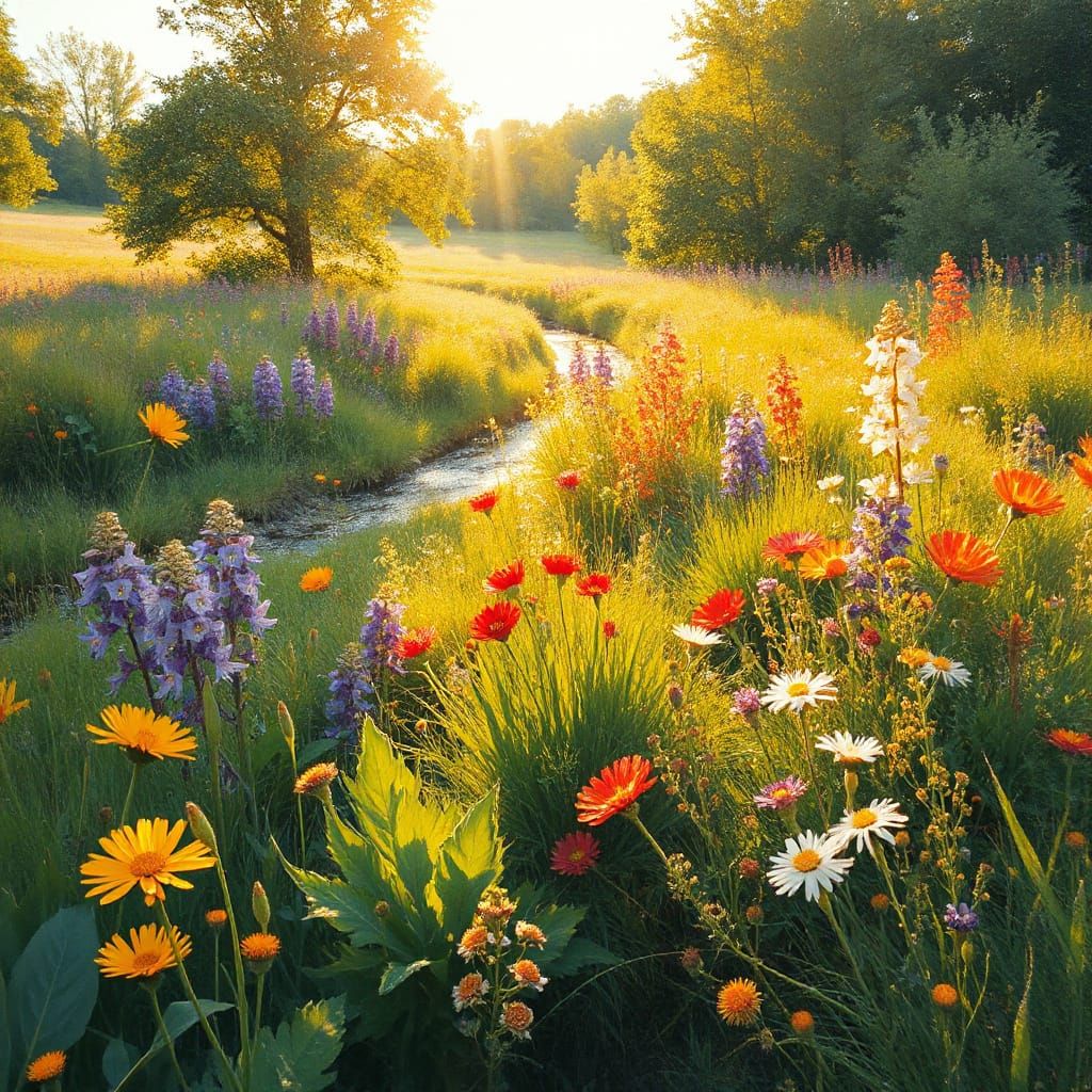 Sunlit Wildflower Meadow in Impressionist Style