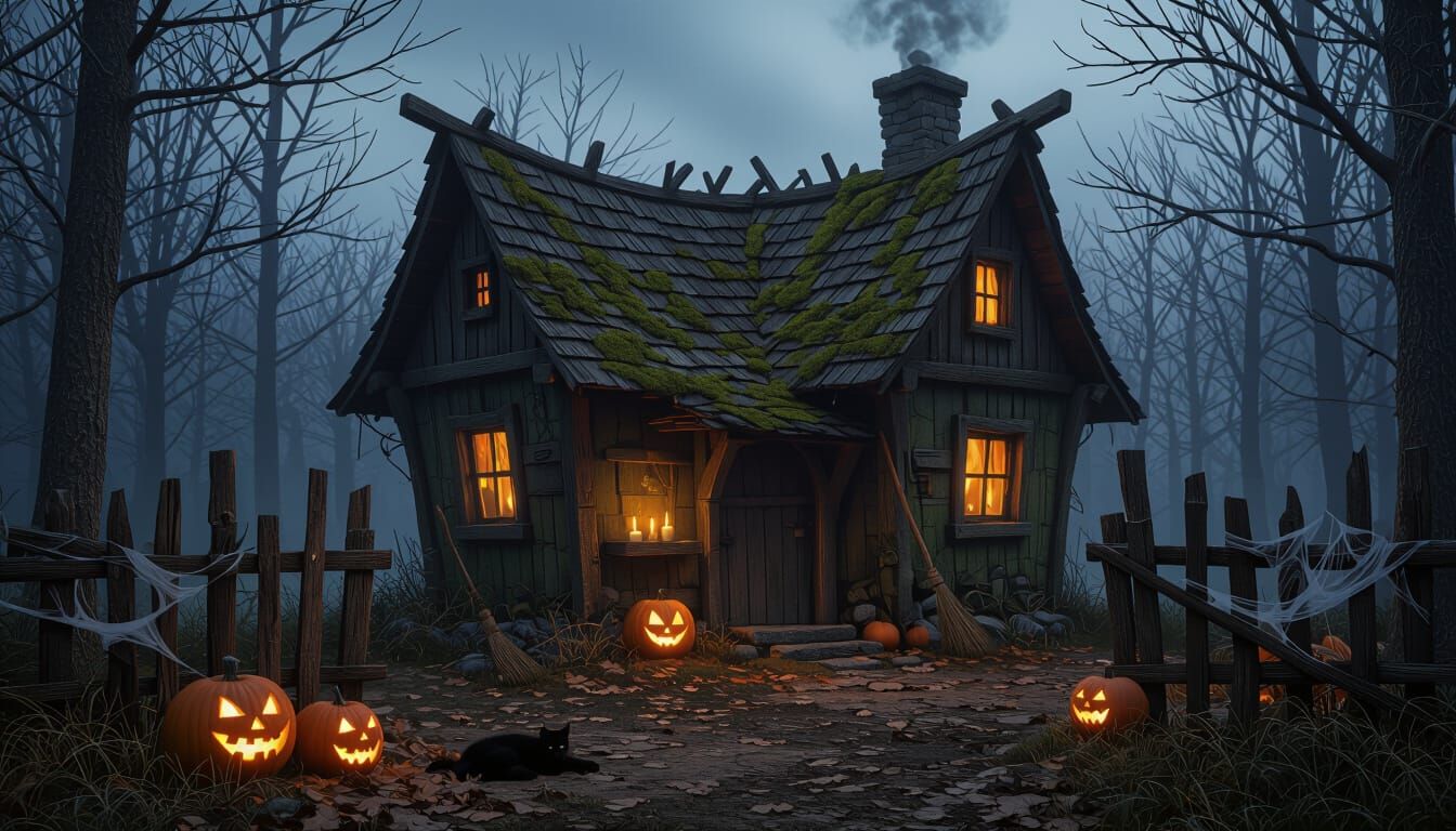Atmospheric Halloween Witch Hut at Dusk