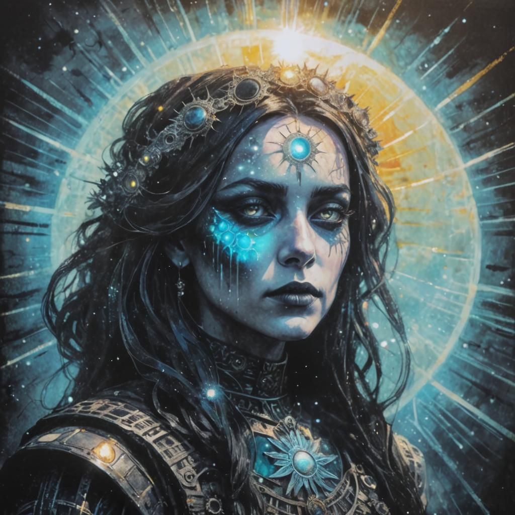 Solar Goth Bride: Post-Apocalyptic Holographic Illustration