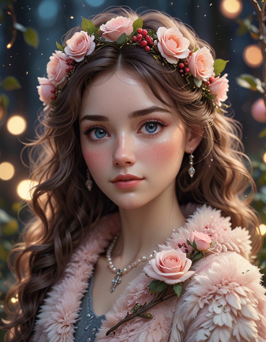 Doll-like Girl with Roses in Dreamy Light