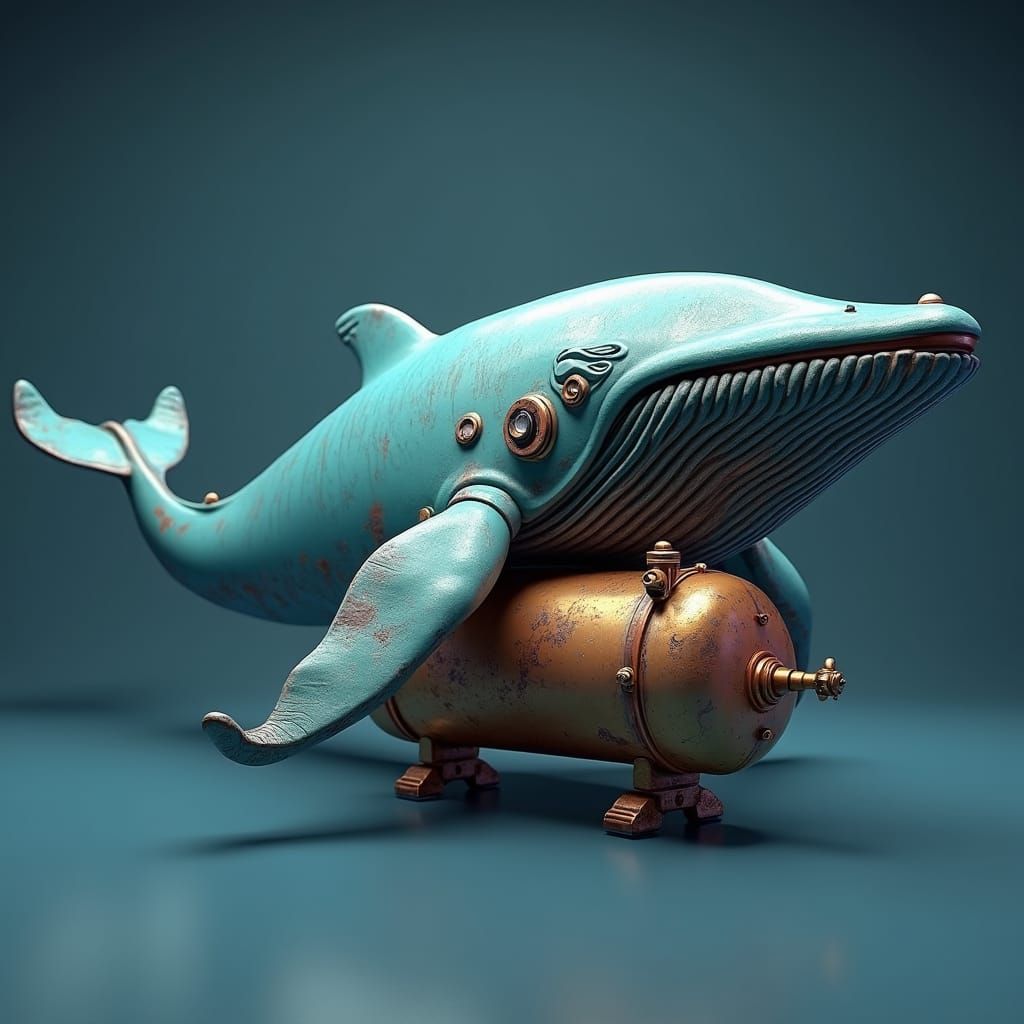 Cartoon Whale with Air Compressor in Futuristic Style