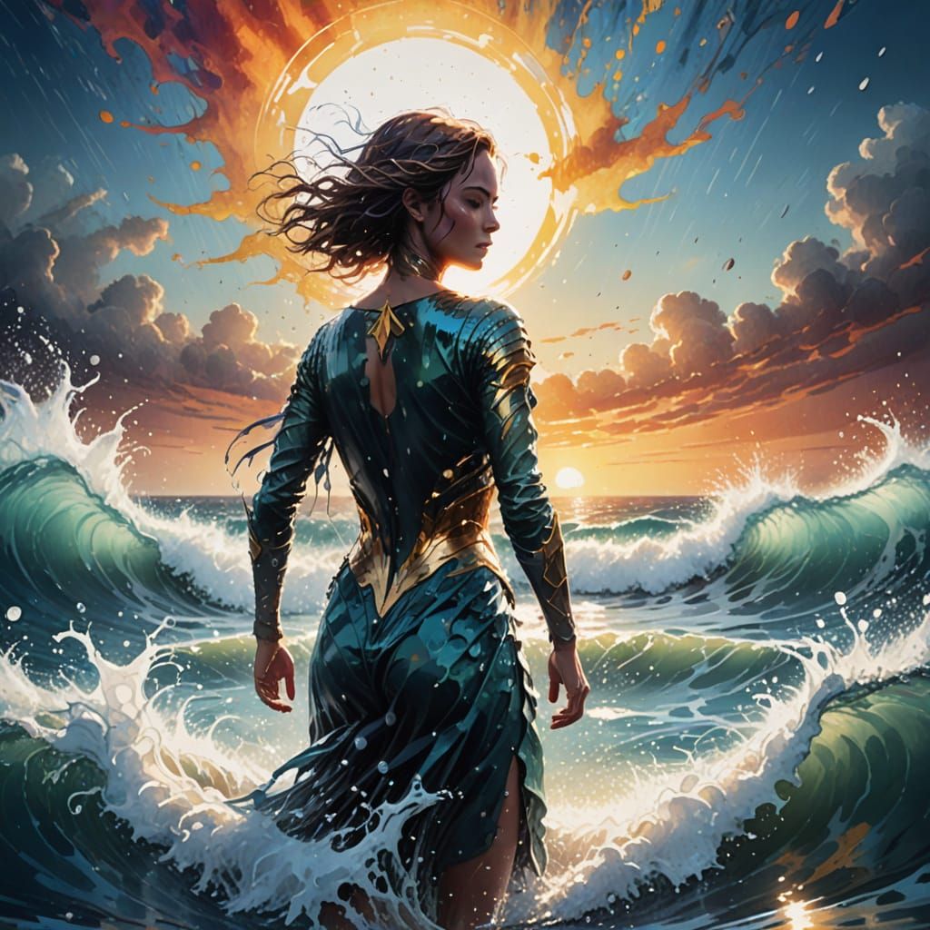 Ethereal Ocean Goddess in Vibrant Watercolor Style