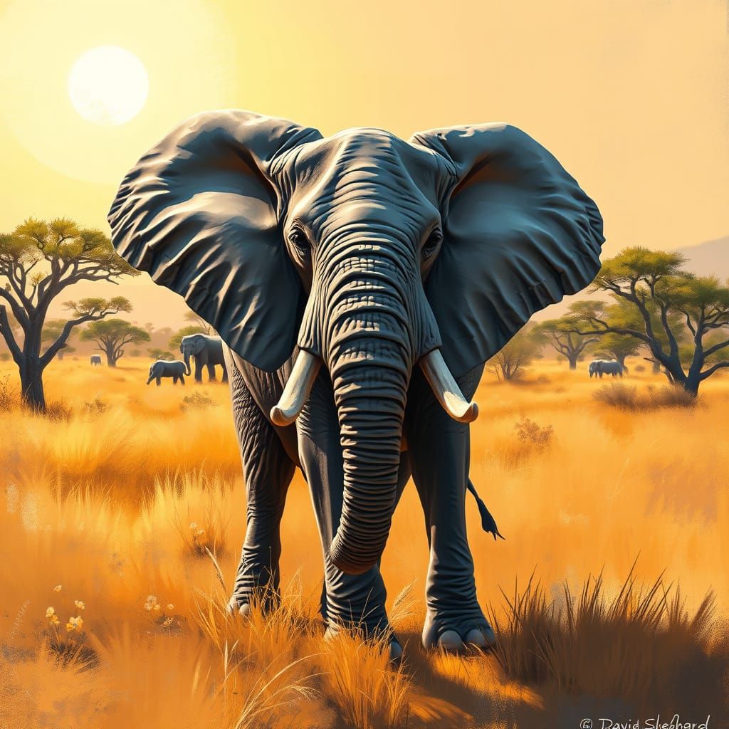 Elephant in a Sun-Drenched Savannah Landscape, in the Style ...