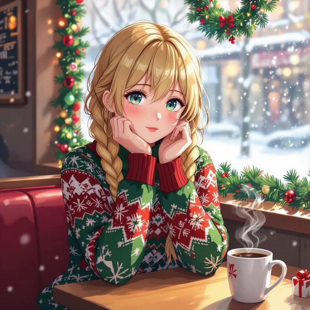 Anime Girl Pondering in Festive Coffee Shop