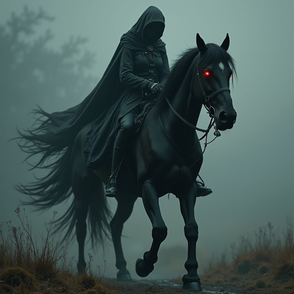 Dark World: Cloaked Rider on Majestic Black Horse