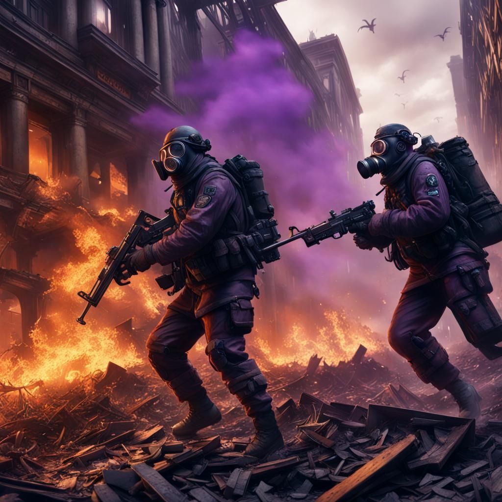 Gas Mask Armies Clash in Burning City