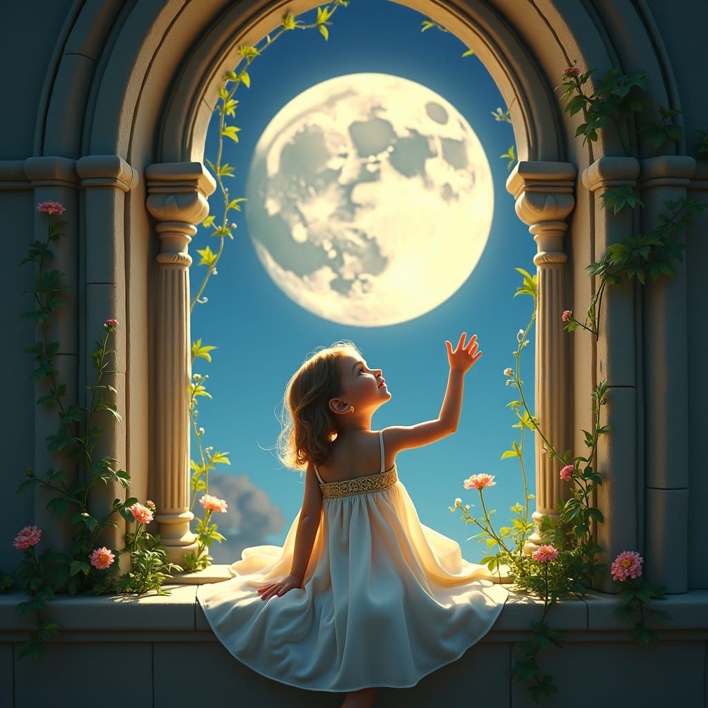 Girl Gazing at Moon Through Gothic Window