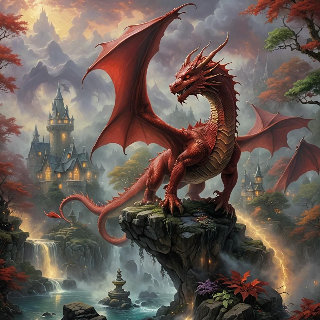 Ethereal Red Dragon in a Fantasy Landscape
