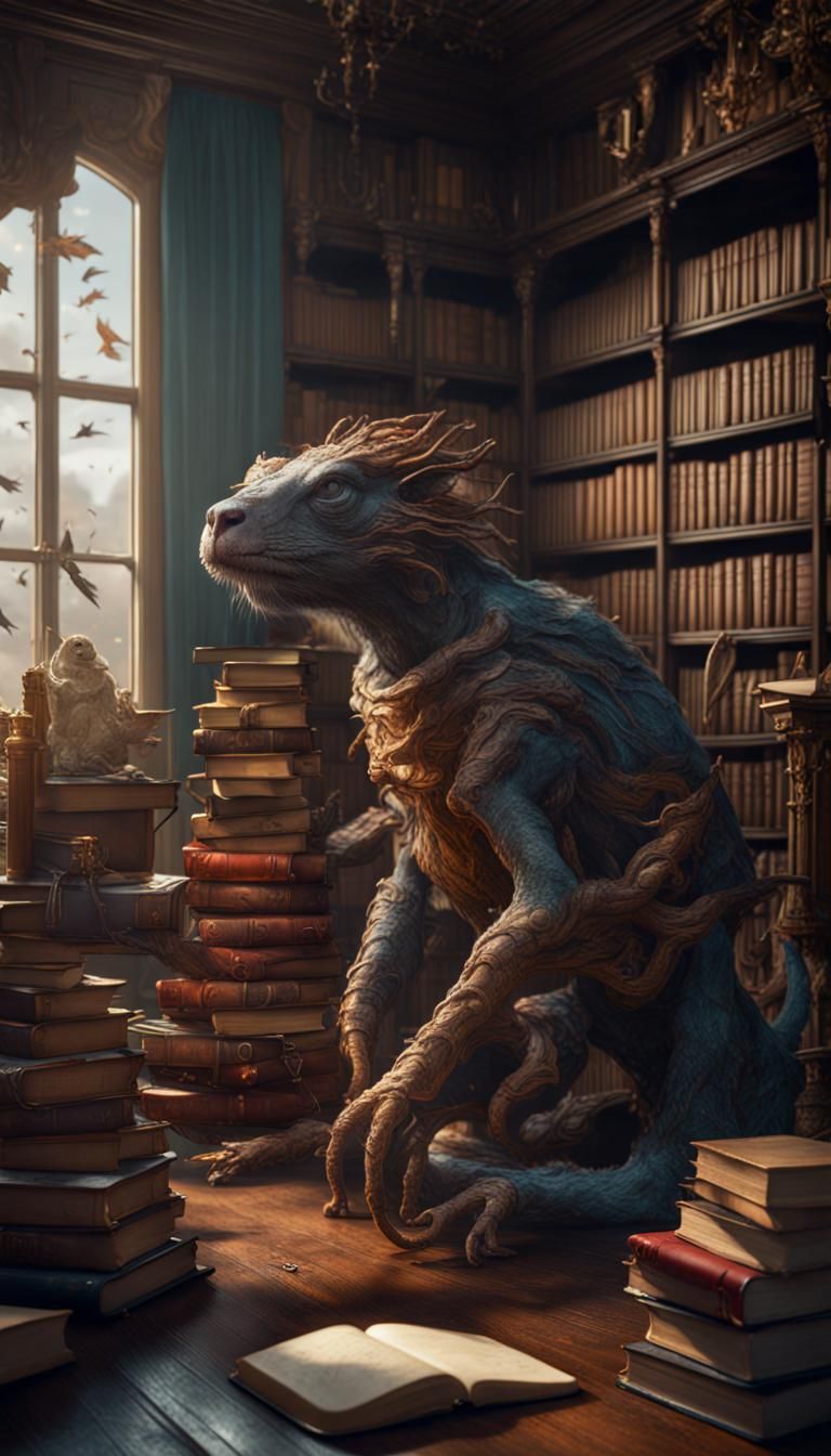 Fantastical Animal Amidst Books: Detailed Matte Painting