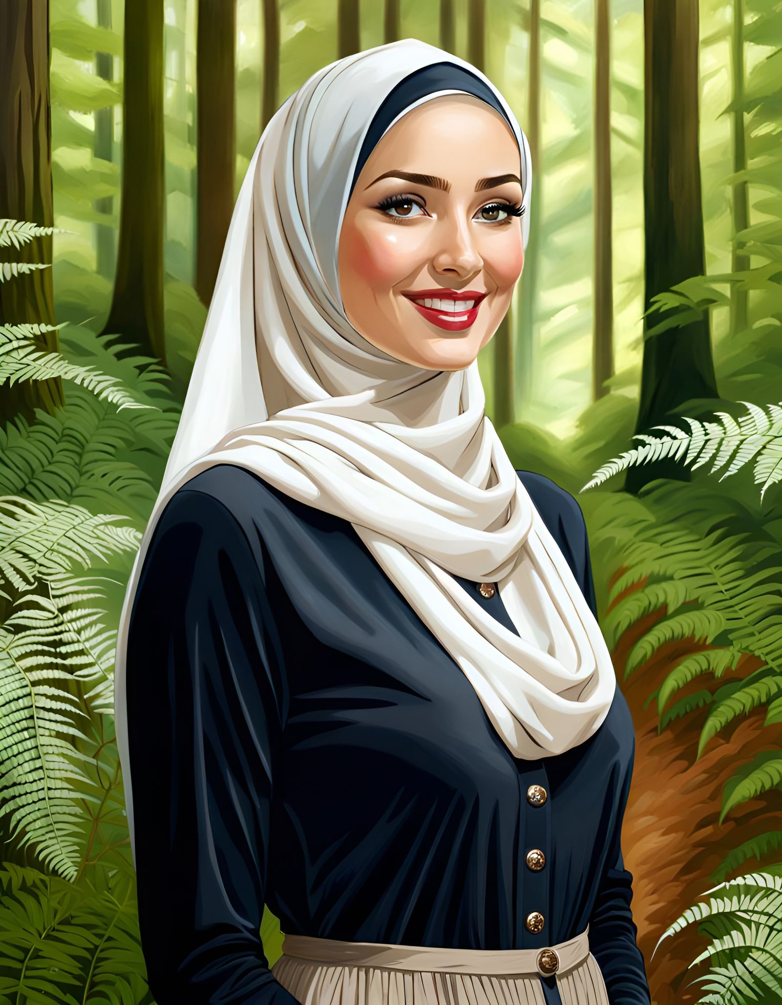 Elegant Woman in Beech Forest: Realistic Oil Painting