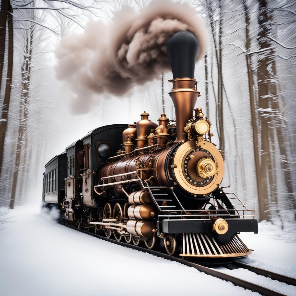 Steampunk Locomotive in Snowy Forest, Victorian Style