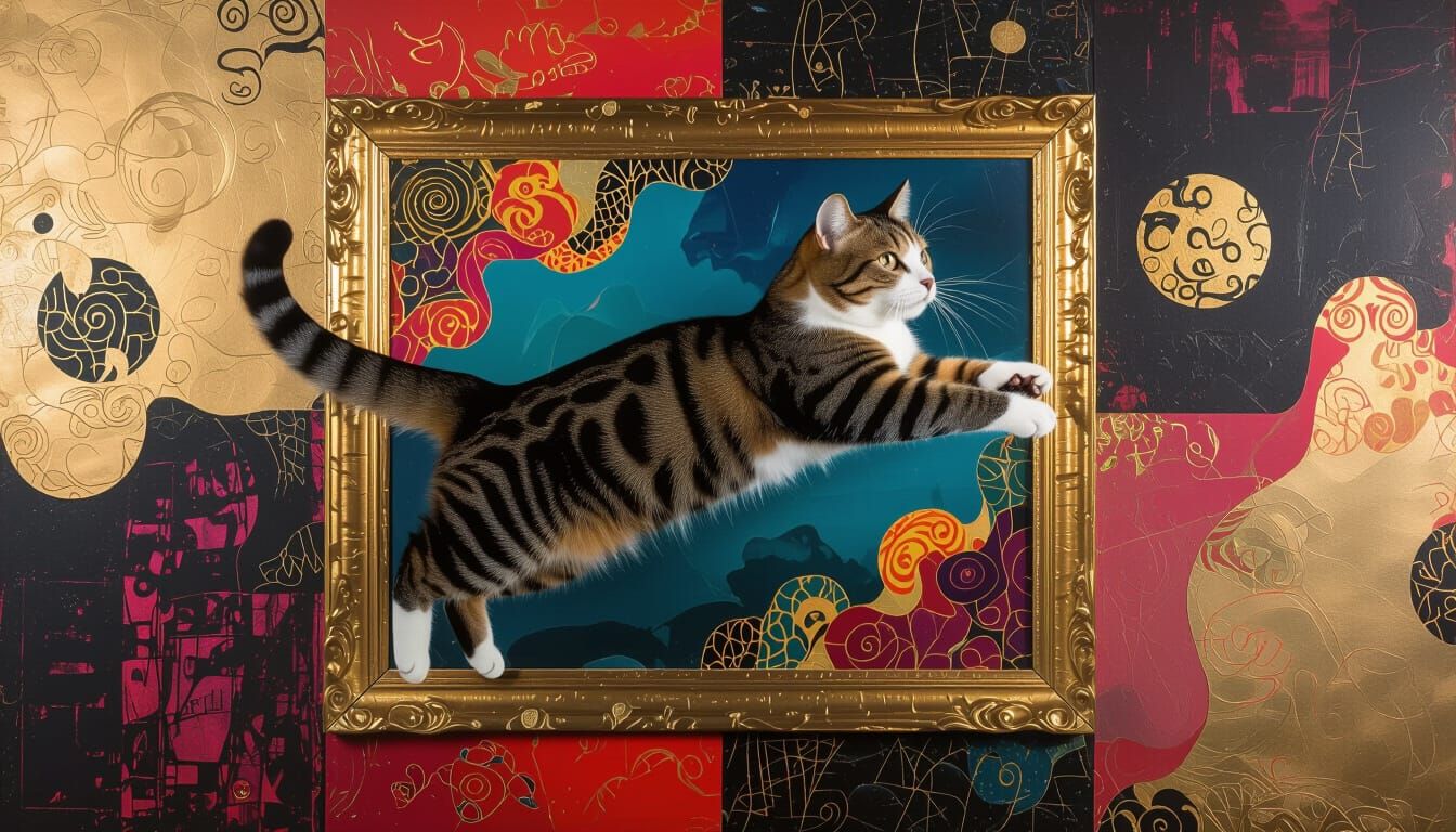 Dynamic Cat Leap in Surreal Ink Collage