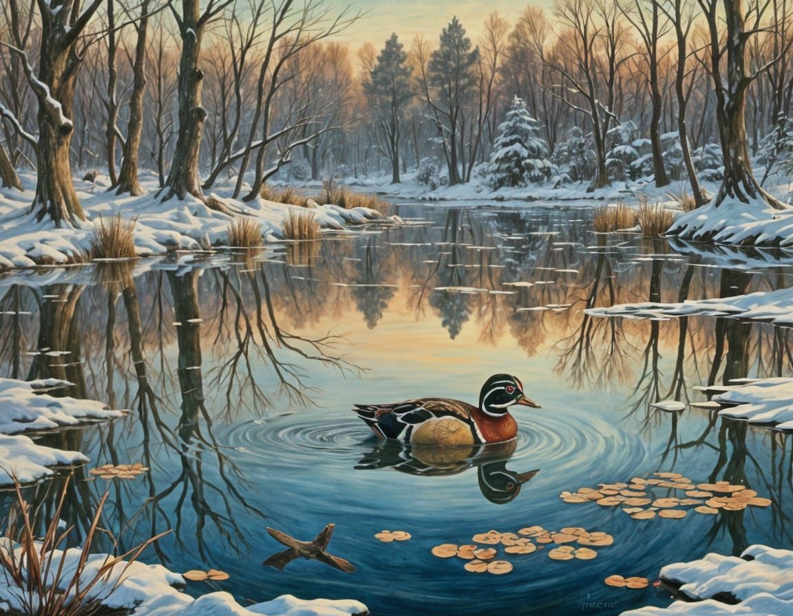 Wood Duck in a Winter Pond Landscape
