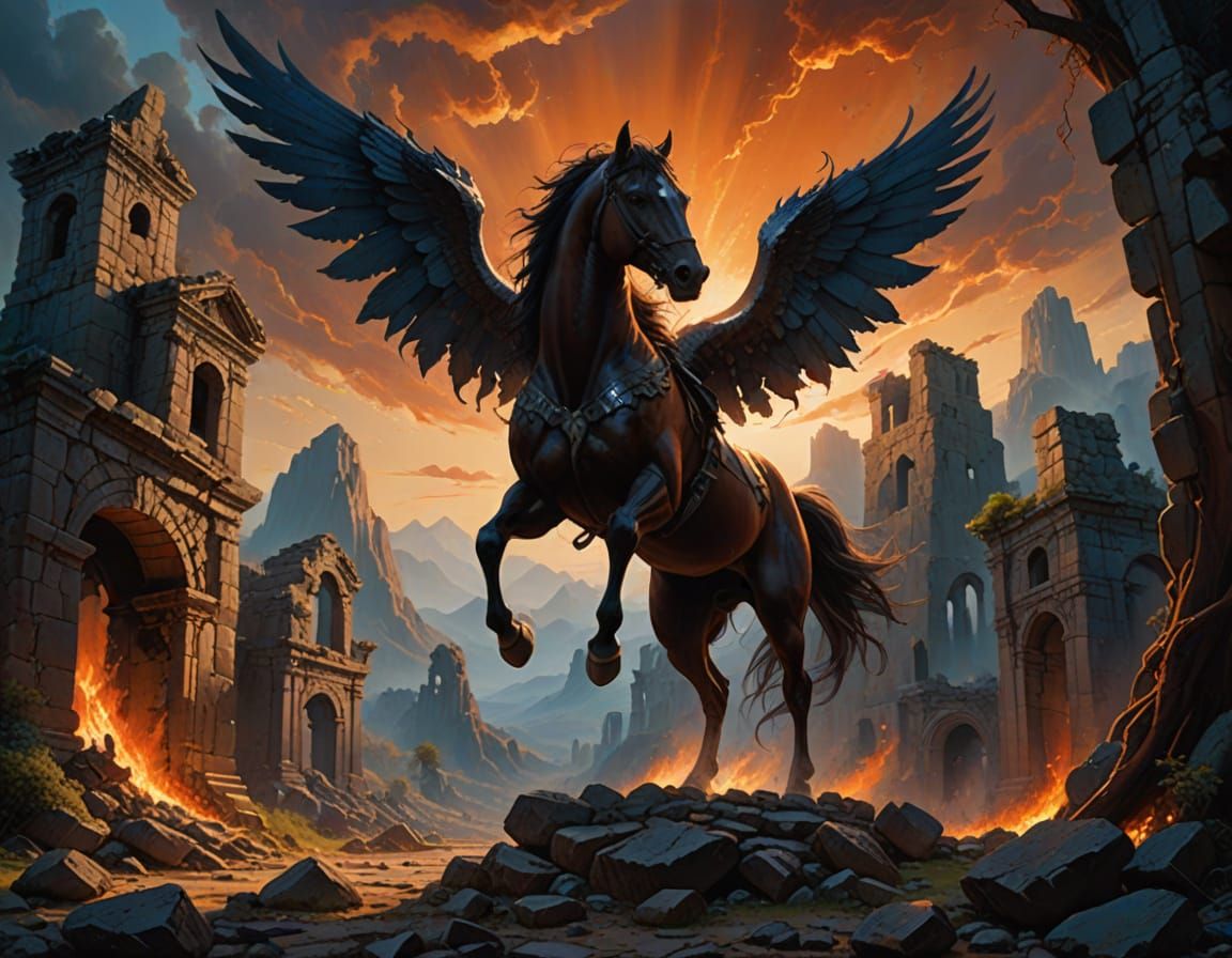 Winged Horse Soaring Over Ruined Landscape in Oil