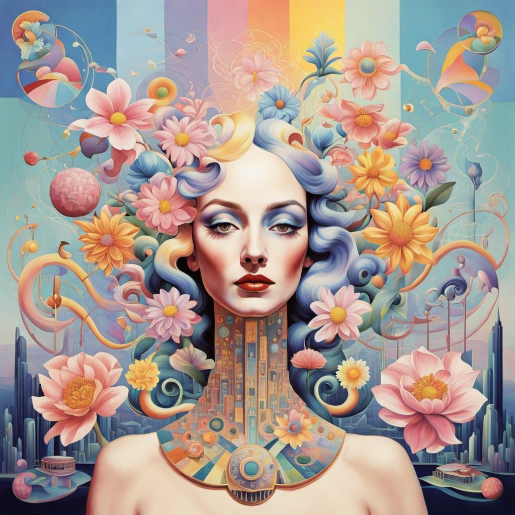 Art Deco Motherboard with Pastel Flowers and Cities