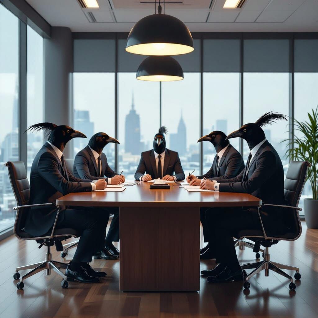 Magpies Conduct Board Meeting in Dystopian Realism
