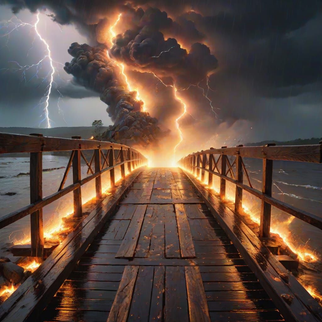 Burning Wooden Bridge by lightning