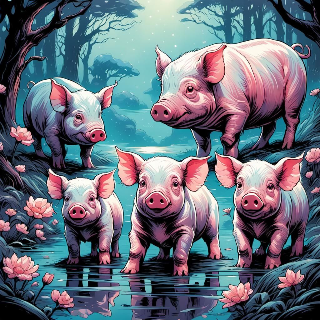 Pastel Piglets in Comic Book Style