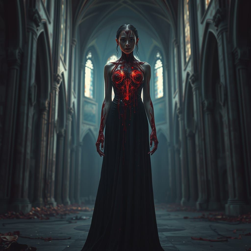 Woman in Glowing Dress Stands in Abandoned Cathedral