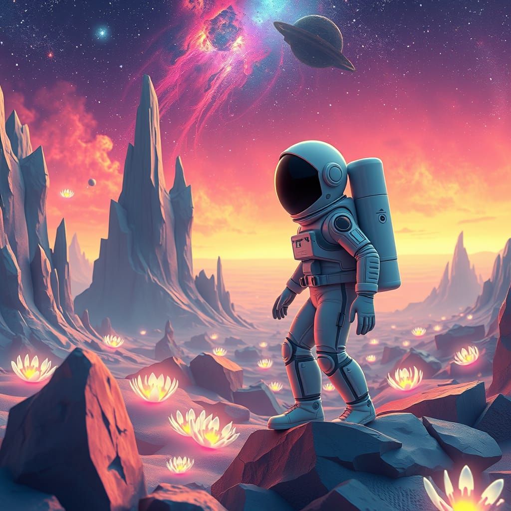 Astronaut Exploring Alien Planet in Animated 3D Illustration