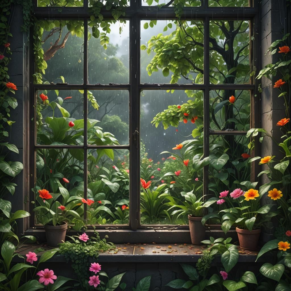 Lush Garden Window View in Detailed Matte Painting