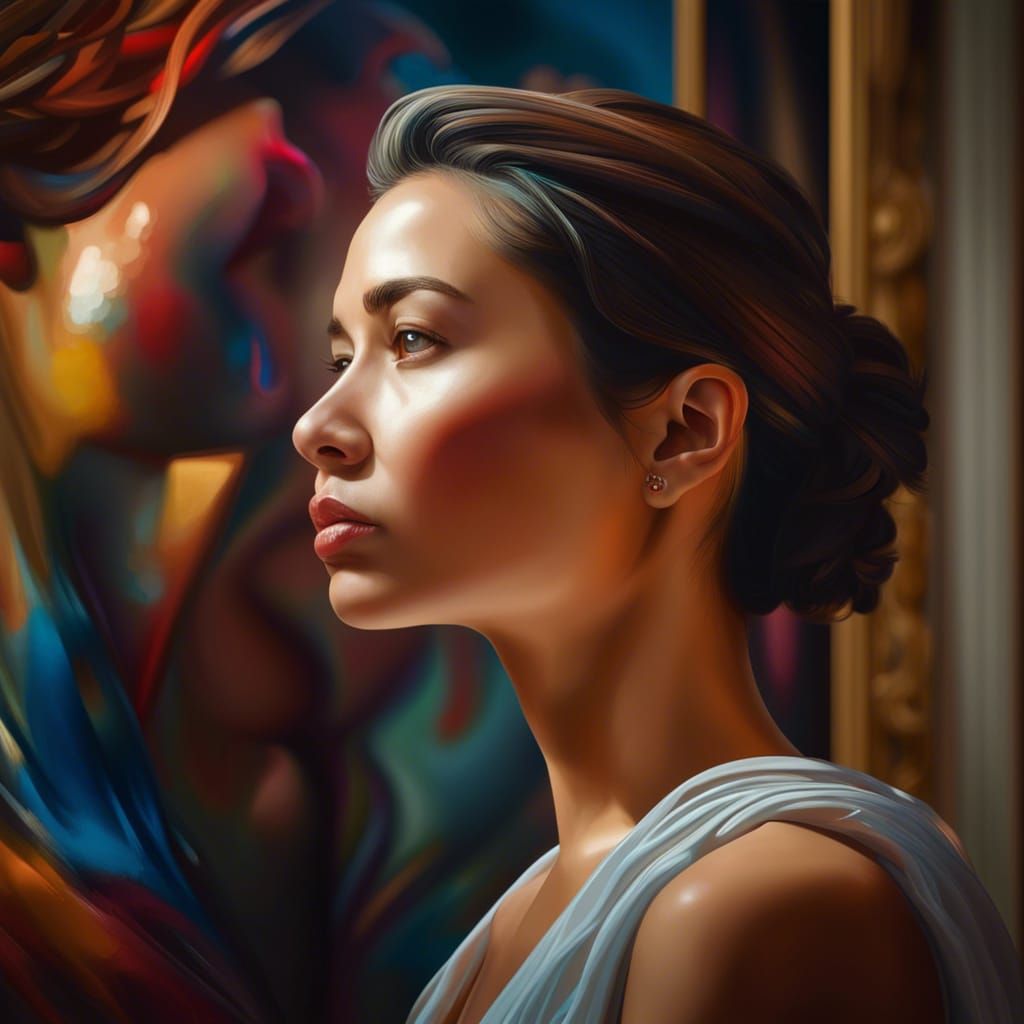 Contemplative Woman in Museum: Hyperrealistic Splash Art