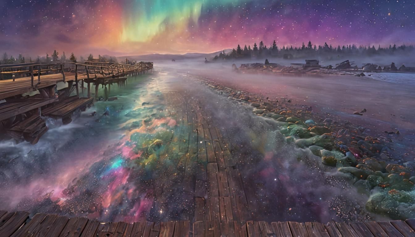 Mystical Beach Pier Under Aurora: Fantasy Art