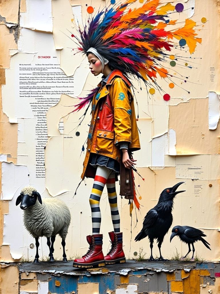 Colorful Collage of Quirky Figure With Sheep and Crow