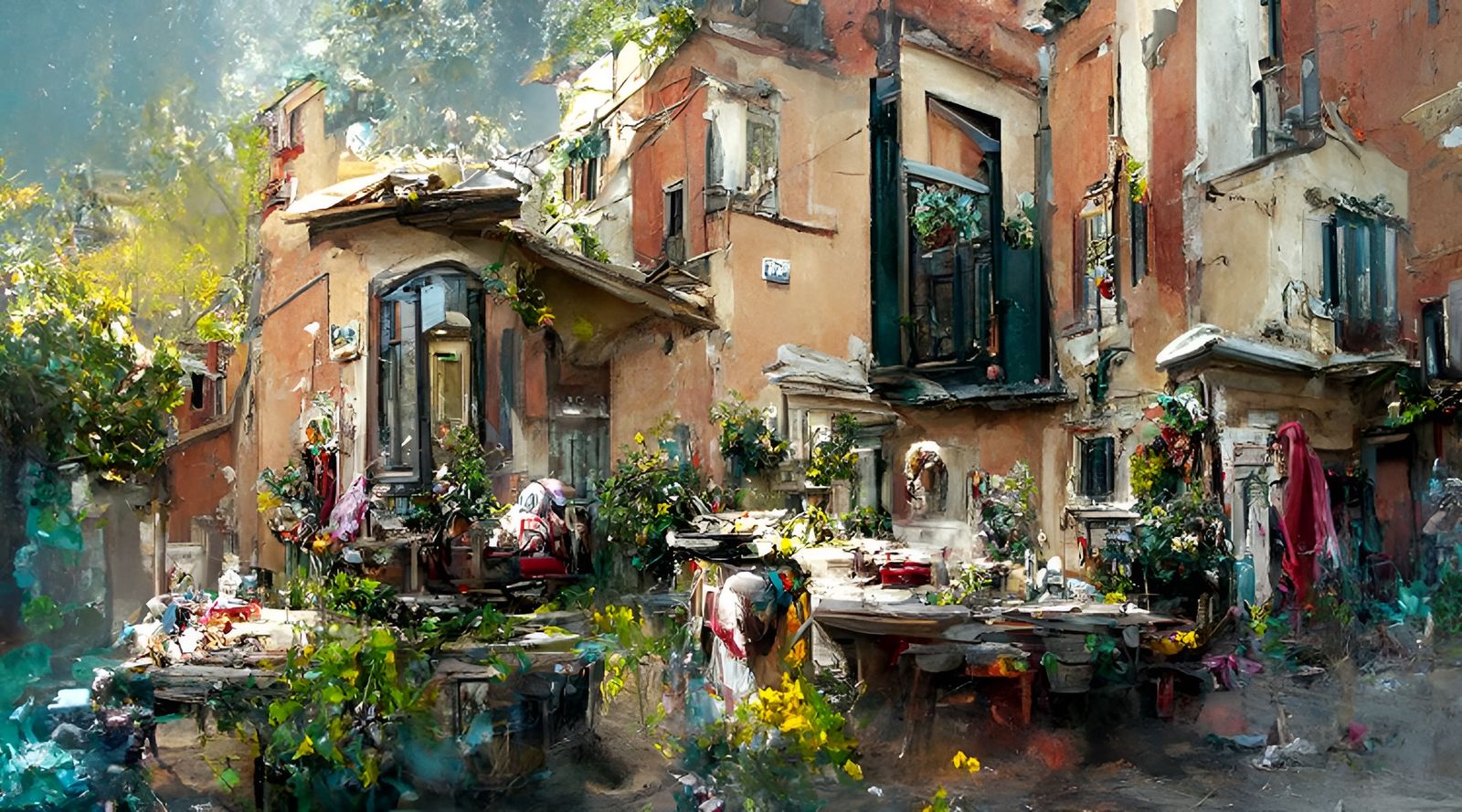 Verona Houses in Lush Landscape, Digital Painting