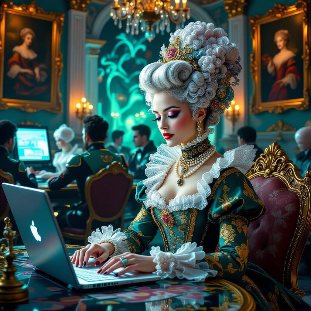 Baroque Noblewoman in Cyber Cafe, Auroracore Aesthetic
