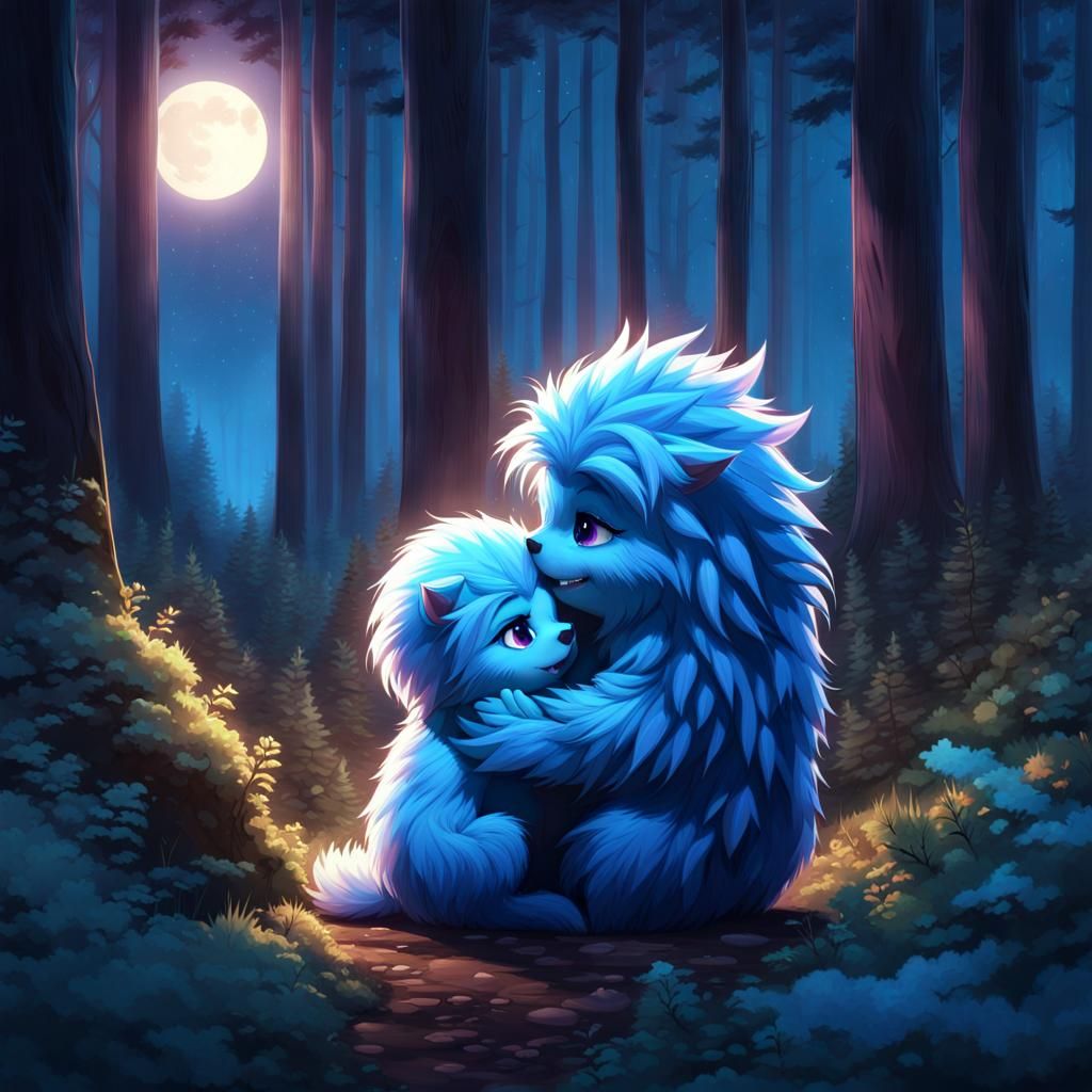 Cute Furry Monster Hugged in Moonlight, Anime Style