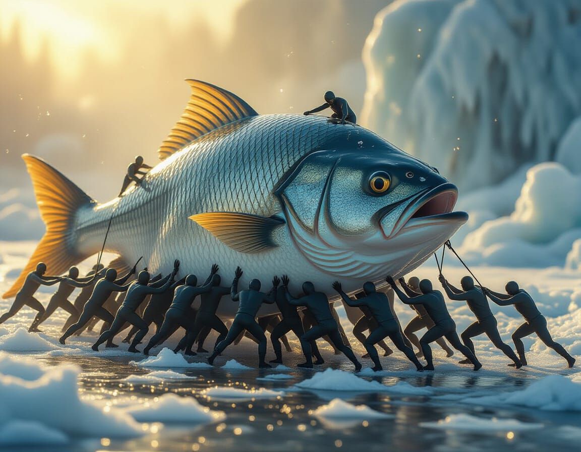 Tiny Humanoids Pull Giant Ice Fish in Dark Fantasy Scene