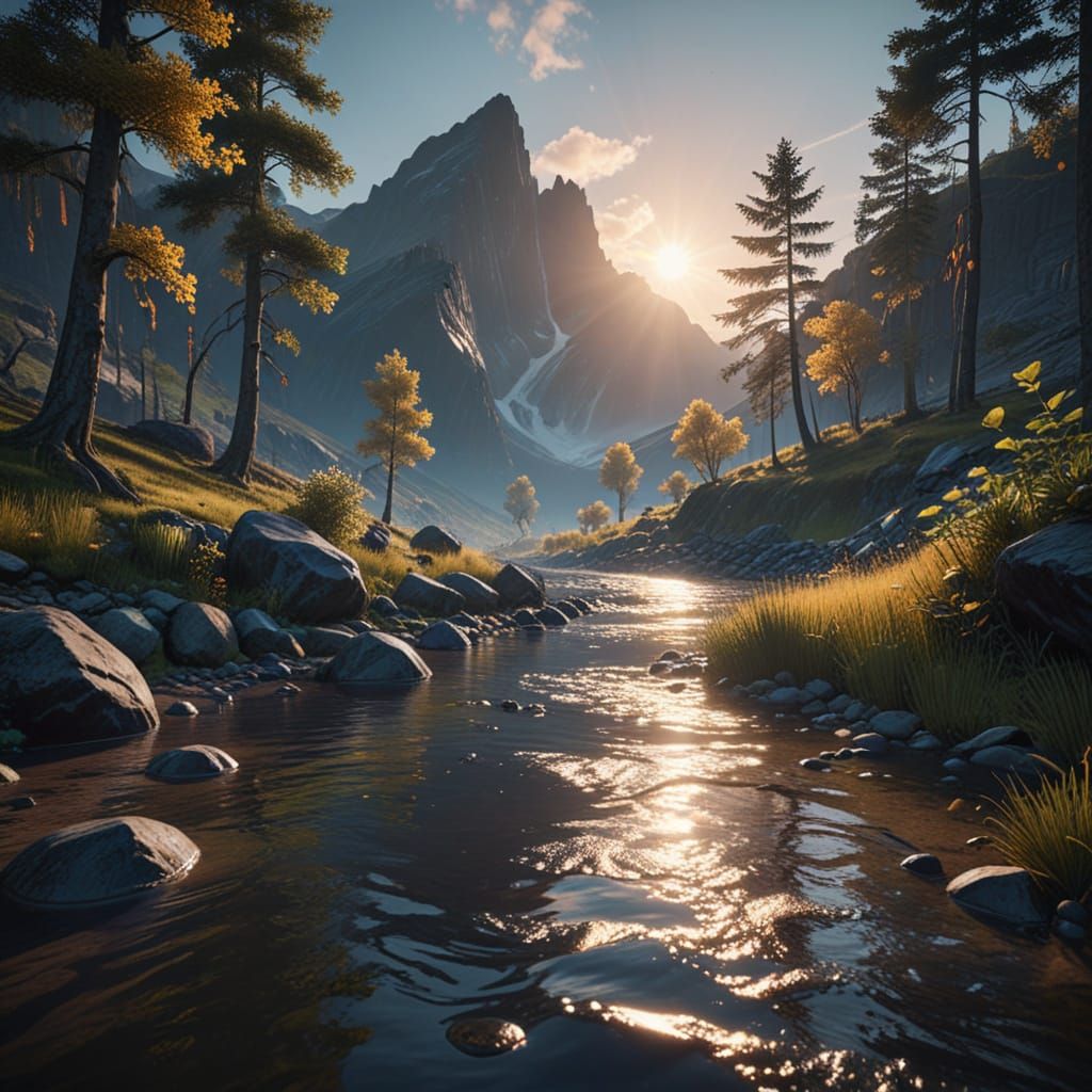 Day and Night Landscape with River, Digital Painting