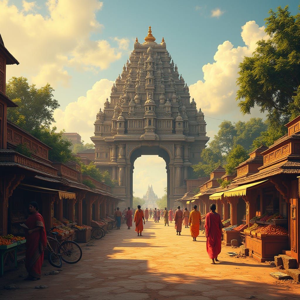 Vibrant Indian Village Road Scene with Majestic Temple Entra...