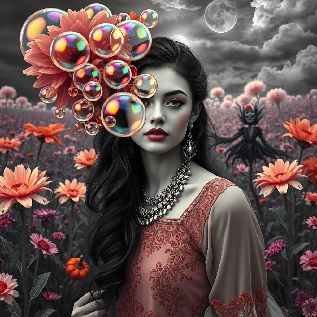 imagine a portrait of a woman with her face partially obscur...