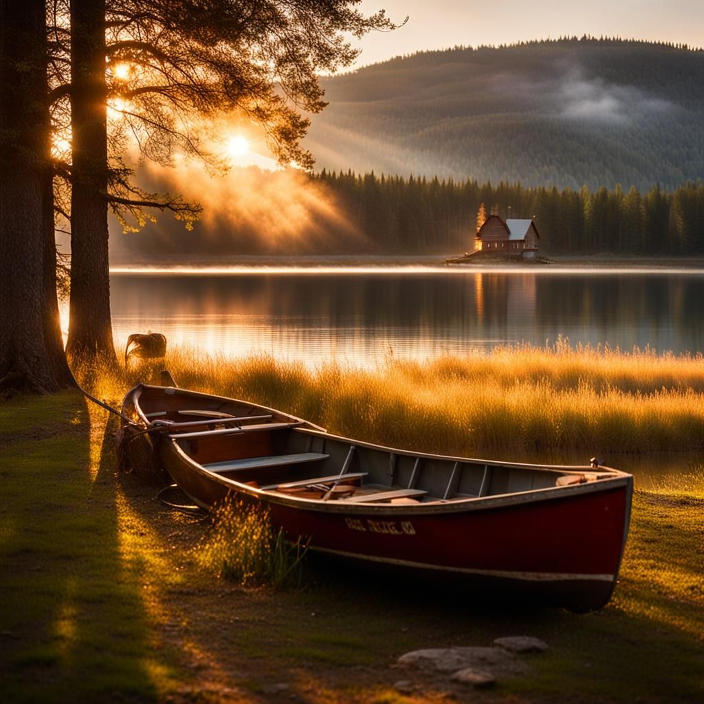 mountain lake sunrise, sun is shining on the water, small ro...