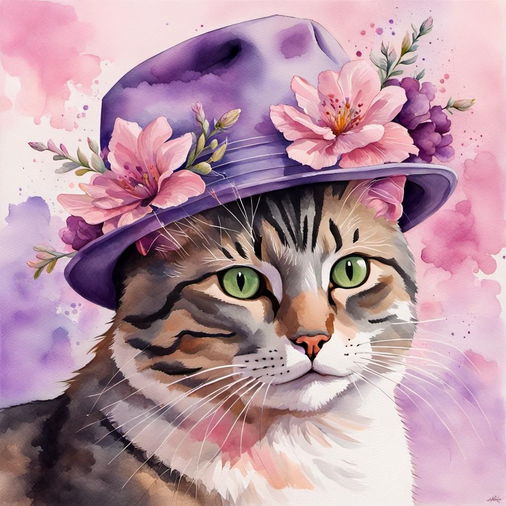 Grey Cat in Purple Hat Watercolor Painting
