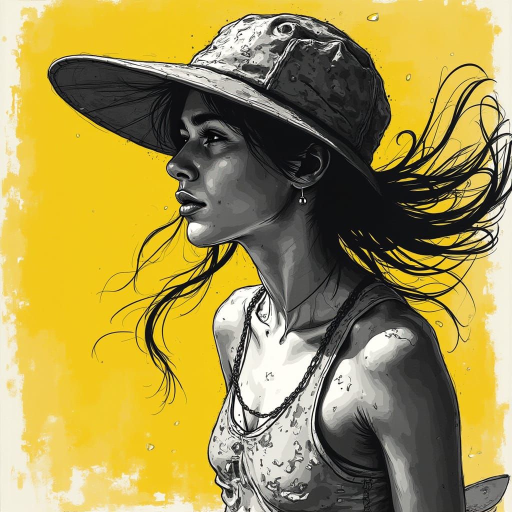 Absurdist Surfer Girl in High Contrast Black and White